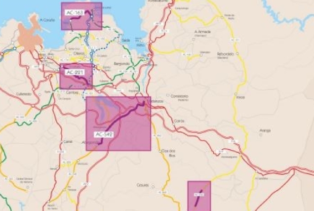 Plano de localizacións cos treitos obxecto das actuacións licitadas na Provincia da Coruña